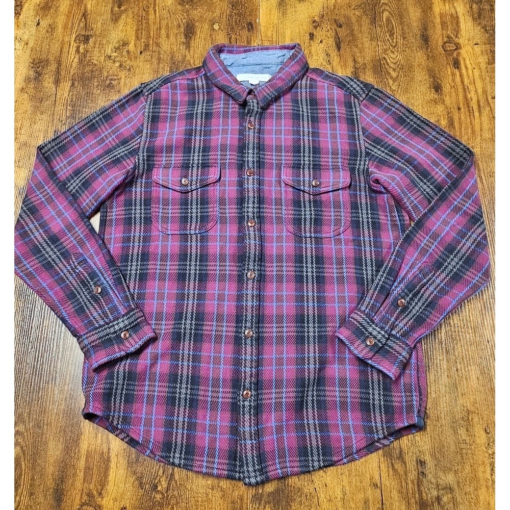 Outerknown Blanket Shirt Mens Large Purple Black Plaid Organic Cotton Flannel